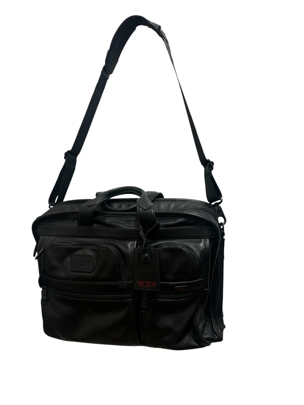 Tumi Black Leather Laptop Briefcase with Shoulder Strap